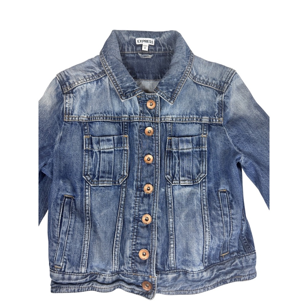 Express Womens Medium Wash Denim Jacket Blue Cropped Button Up Y2K Size XS - Picture 3 of 9